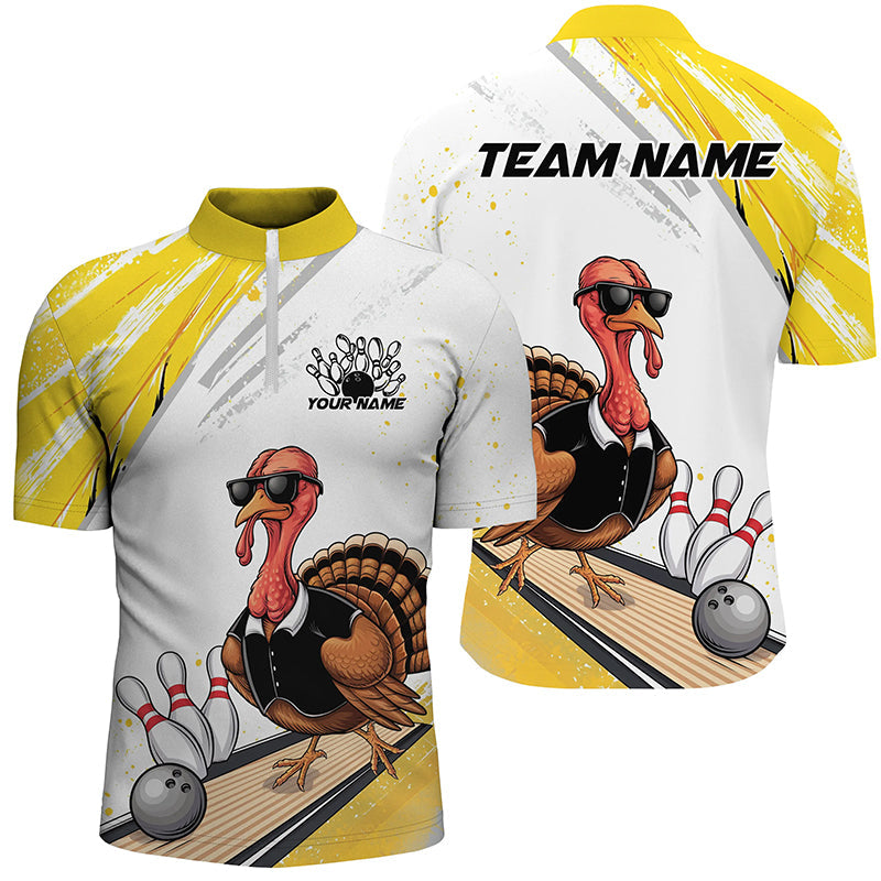 Custom Yellow Funny Turkey Bowling Team Shirts For Men, Thanksgiving Bowler Outfits IPHW7940