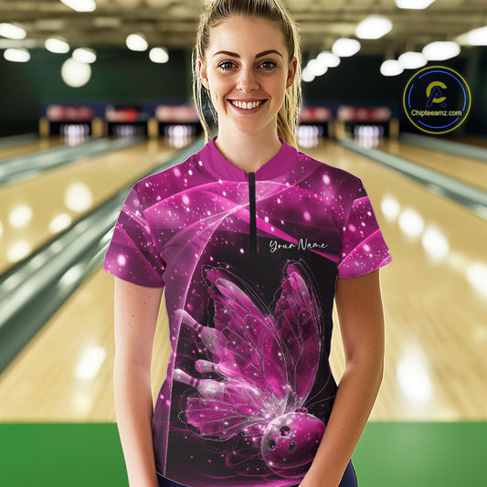 Custom Ethereal Pink Butterfly Bowling Women Quarter-Zip Shirts, Ladies Bowling Outfit IPHW10246