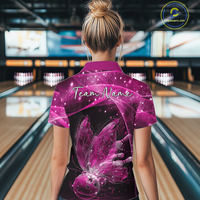 Custom Ethereal Pink Butterfly Bowling Women Quarter-Zip Shirts, Ladies Bowling Outfit IPHW10246