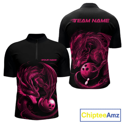Custom Black And Pink Dragon Bowling Shirts, Bowling League Shirt Dragon Men Jersey IPHW10703
