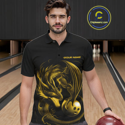 Custom Black And Yellow Dragon Bowling Shirts, Bowling League Shirt Dragon Men Jersey IPHW10706