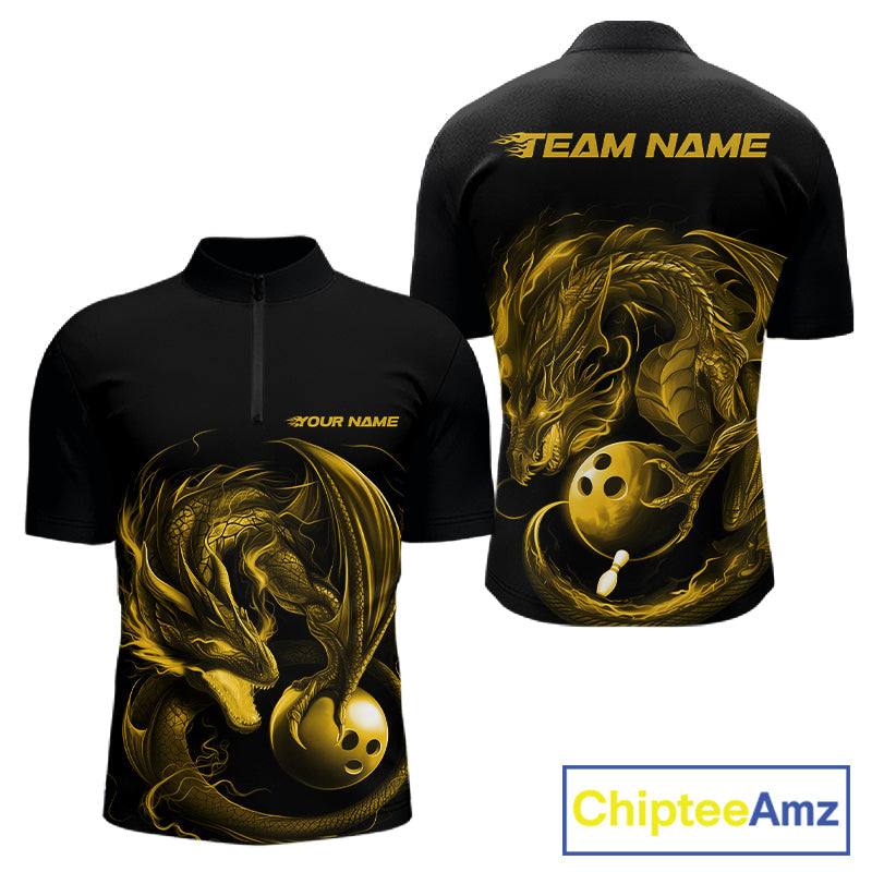 Custom Black And Yellow Dragon Bowling Shirts, Bowling League Shirt Dragon Men Jersey IPHW10706