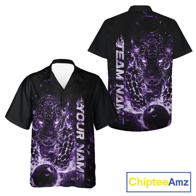 Custom Purple Flaming Leopard Men And Women Bowling Shirts, Fire Bowling Team Shirt Bowler Uniform IPHW10713