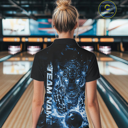 Custom Blue Flaming Leopard Women Bowling Shirts, Fire Bowling Team Shirt Bowler Uniform IPHW10714