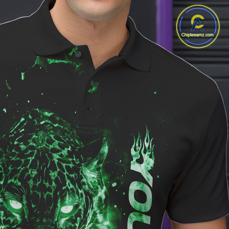 Custom Green Flaming Leopard Men Bowling Shirts, Fire Bowling Team Shirt Bowler Uniform IPHW10715