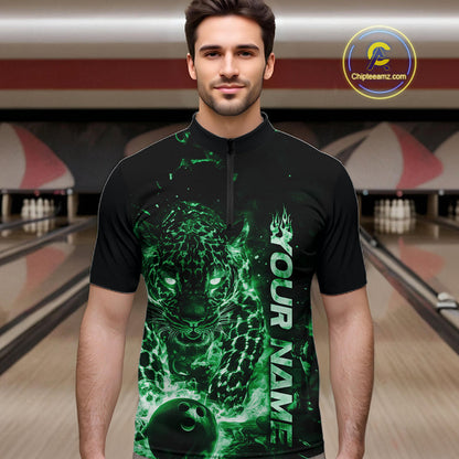 Custom Green Flaming Leopard Men Bowling Shirts, Fire Bowling Team Shirt Bowler Uniform IPHW10715