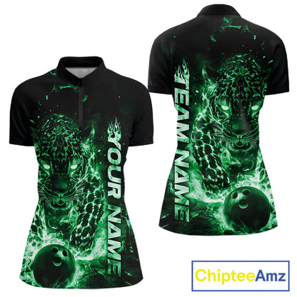 Custom Green Flaming Leopard Women Bowling Shirts, Fire Bowling Team Shirt Bowler IPHW10715