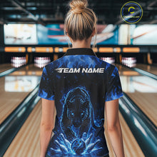 Load image into Gallery viewer, Custom Black And Blue Flame Leopard Bowling Women Shirt, Bowling League Team Shirt IPHW11253
