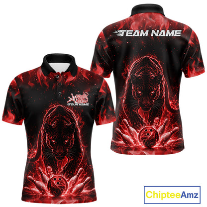 Front and back view of a mens black polo shirt mockup featuring a glowing red electric panther with bowling ball crashing through pins dynamic graphics.