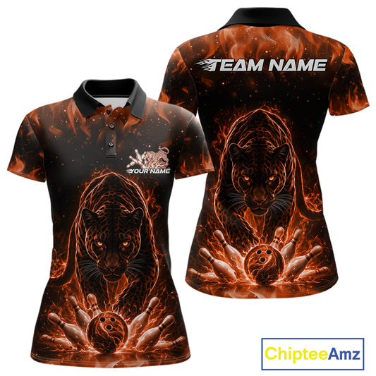Front and back view of a womens polo shirt mockup featuring a black and orange glowing electric panther with bowling ball crashing through pins dynamic artwork.