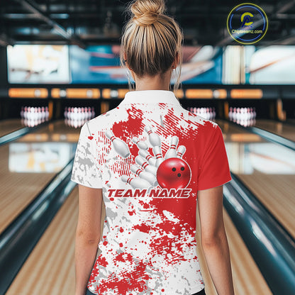 Back view of a female model in a bowling lane wearing a red and white splatter bowling quarter-zip shirt with clean sporty design styling.