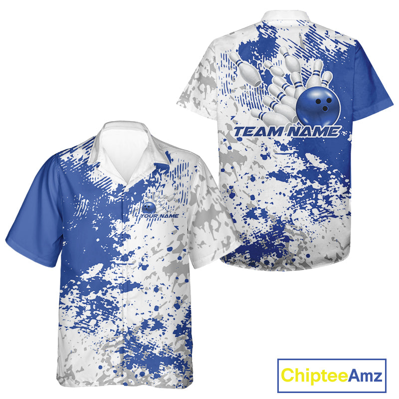Front and back view of a button-up bowling shirt mockup featuring a blue and white splatter background with clean sporty bowling-inspired graphics.