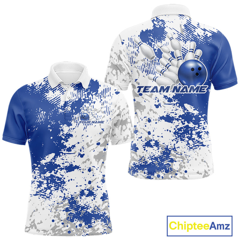Front and back view of a mens bowling polo shirt mockup featuring blue and white splatter background with clean modern sporty bowling styling.