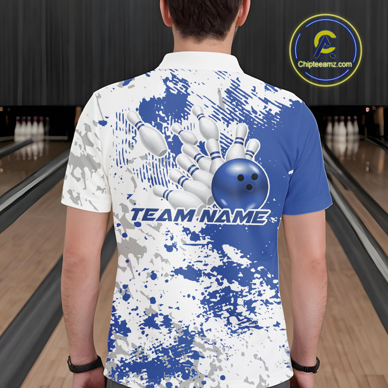 Back view of a male model in a bowling lane wearing a blue and white splatter polo shirt featuring clean athletic bowling design.