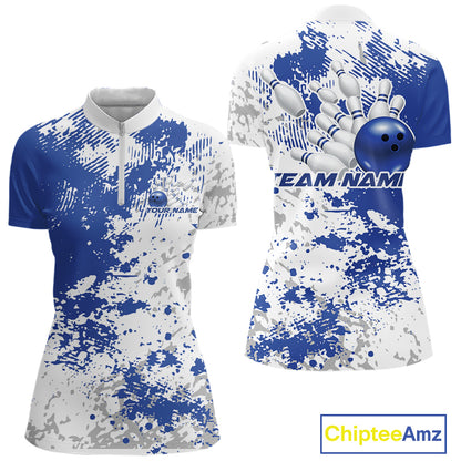 Front and back view of a womens bowling quarter-zip shirt mockup featuring a blue and white splatter background with clean modern sportswear styling.