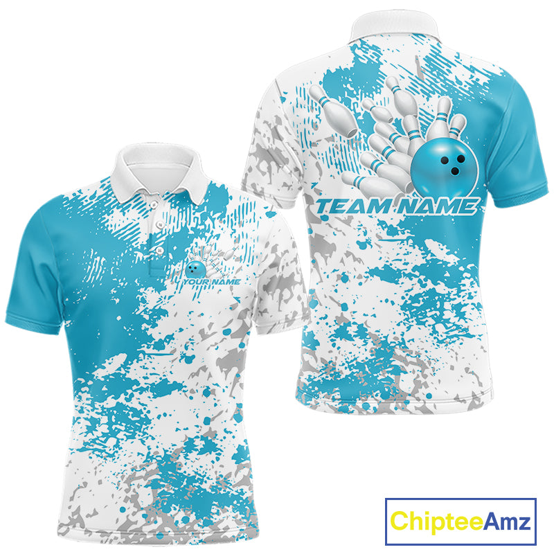 Front and back view of a mens bowling polo shirt mockup featuring teal blue and white splatter background with clean modern sportswear styling.