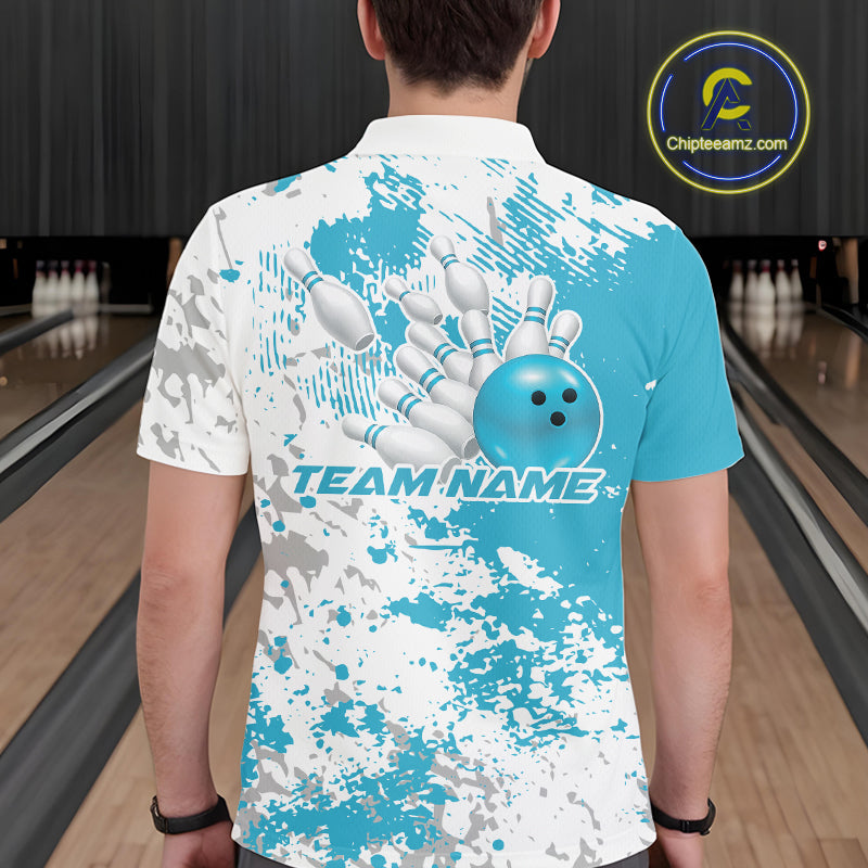 Back view of a male model in a bowling lane wearing a teal blue and white splatter polo shirt featuring clean athletic bowling design.