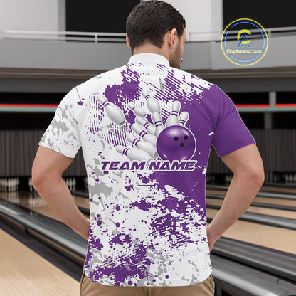 Male model in a bowling lane wearing purple and white quarter zip shirt, front view showcasing splatter pattern with clean abstract texture