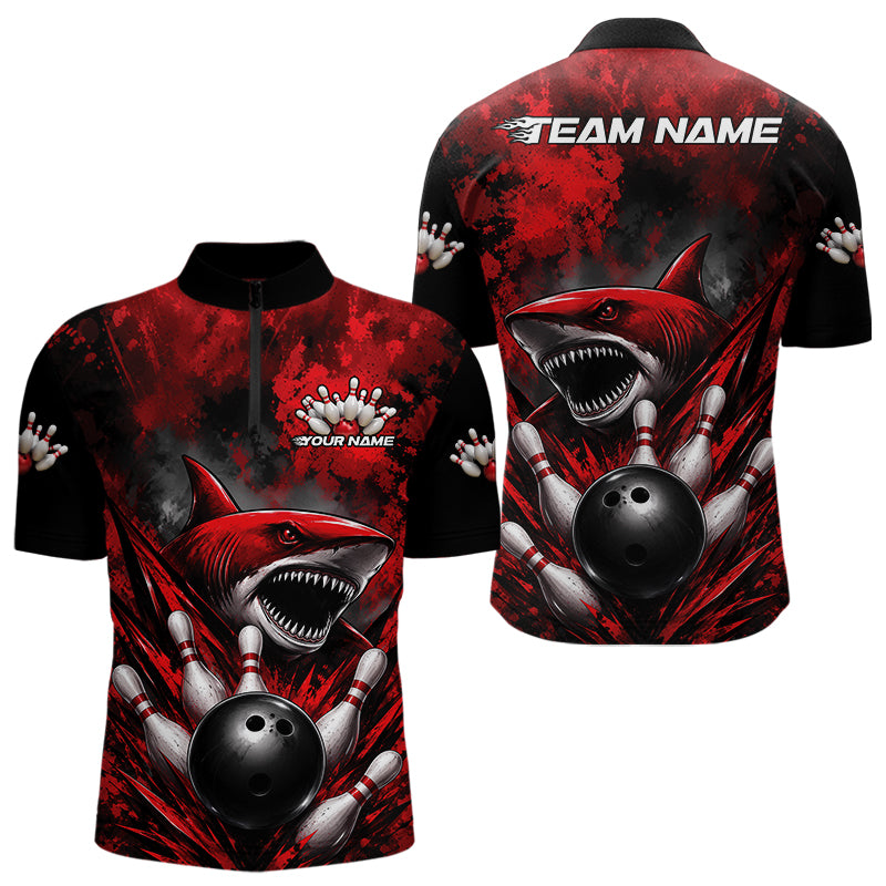 Red and black bowling shirt with shark design and customizable text on a white background