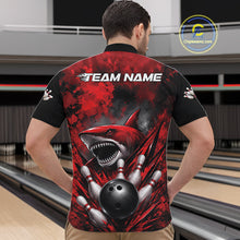 Load image into Gallery viewer, Person wearing a red and black bowling shirt with a shark design on a bowling alley.