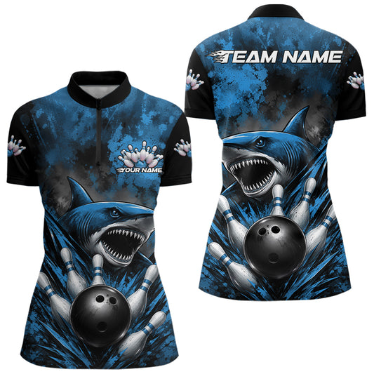 Bowling jersey with shark design and customizable text on a white background