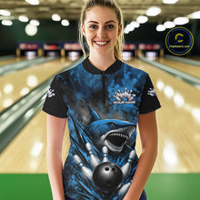Load image into Gallery viewer, Person wearing a blue and black bowling shirt with a shark design in a bowling alley.