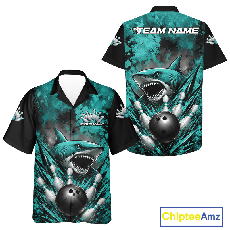 Teal and black bowling shirt with shark design and 'Chiptee Amz' branding