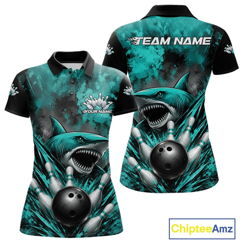 Teal and black polo shirt with shark and bowling ball design, featuring 'Team Name' text.