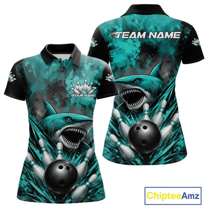 Teal and black polo shirt with shark and bowling ball design, featuring 'Team Name' text.