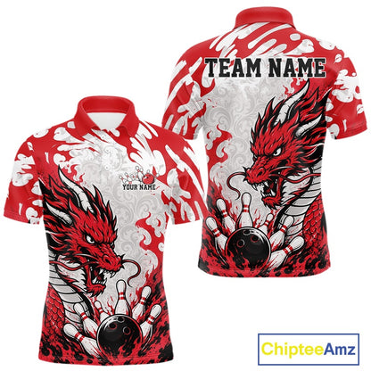 Red and white polo shirt with dragon design on a white background, featuring 'Chiptee Amz' branding.
