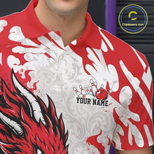 Load image into Gallery viewer, Red and white bowling shirt with dragon design and customizable name area, featuring Chipleemaz.com logo.