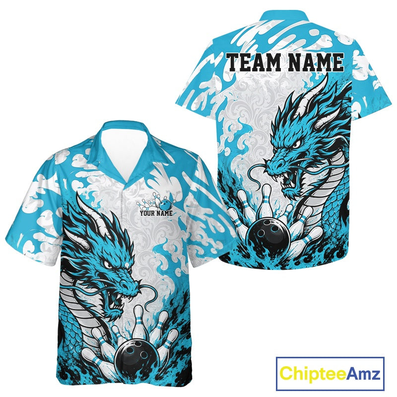 Bowling shirt with blue dragon design and customizable text on a white background