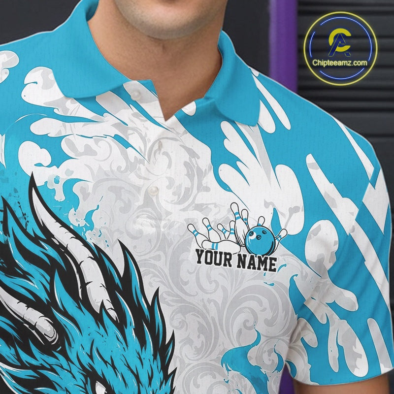 Close-up of a blue and white patterned shirt with a logo and 'Your Name' text.