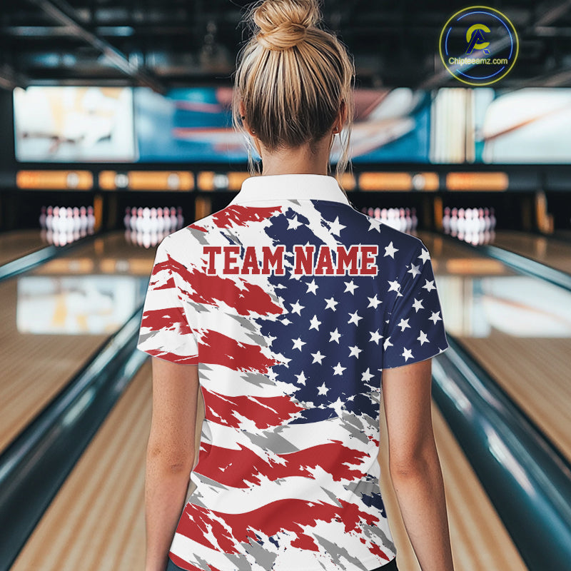 Person wearing a shirt with an American flag design in a bowling alley.