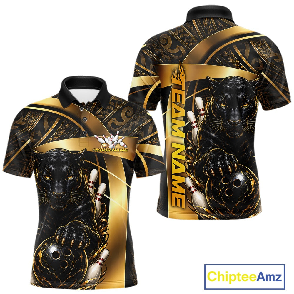 Custom short-sleeve polo shirt shown from the front and back, featuring a black and gold tribal-style design with a large black panther and bowling balls and pins. The front has a small custom logo placeholder and the text 'YOUR NAME', while the back features 'TEAM NAME' printed vertically in gold.