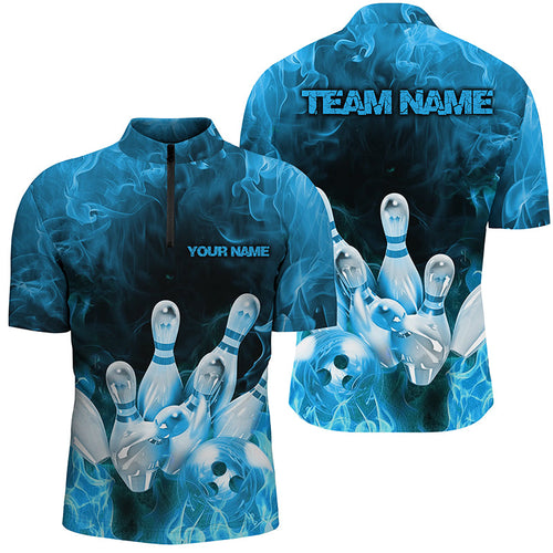 Custom Fire Strike Bowling Shirts For Men, Blue Flame Bowling League Shirts Bowling Team IPHW7119