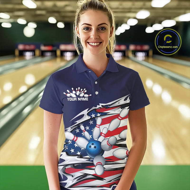 Custom Patriotic Ladies Bowling Shirts, American Flag Bowling League Shirts Uniform | Navy IPHW7433