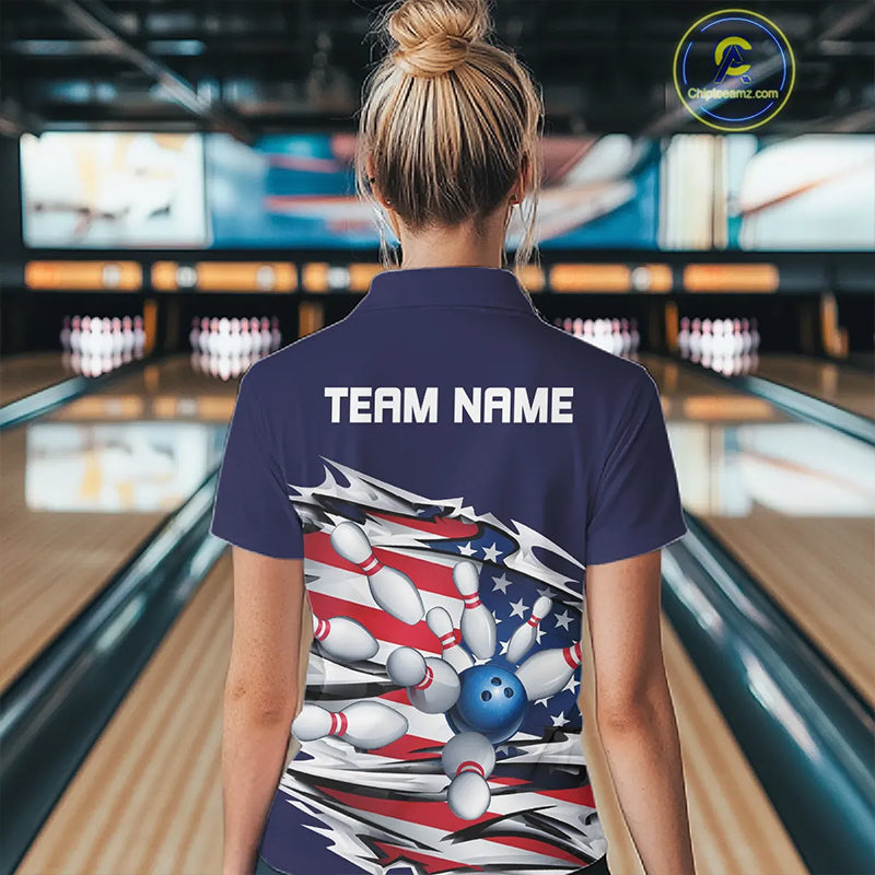 Custom Patriotic Ladies Bowling Shirts, American Flag Bowling League Shirts Uniform | Navy IPHW7433