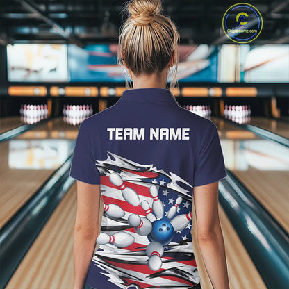 Custom Patriotic Ladies Bowling Shirts, American Flag Bowling League Shirts Uniform | Navy IPHW7433