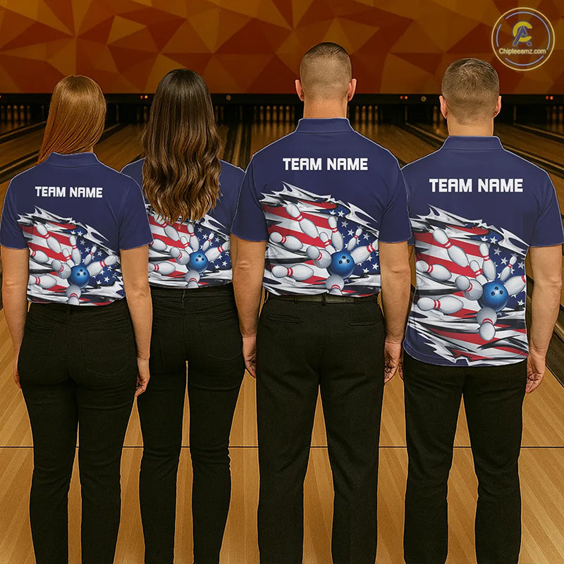 Custom Patriotic Bowling Shirts For Men, US Bowling League Shirts Uniform | Navy IPHW7433