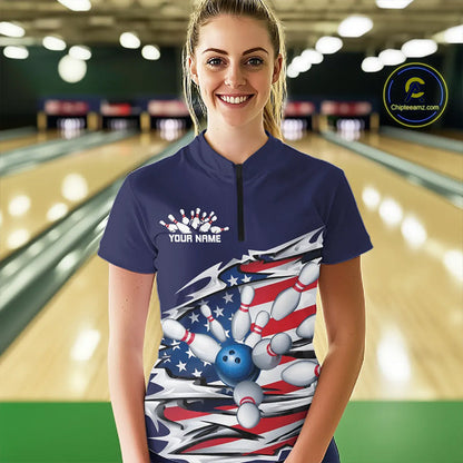 Custom Patriotic Ladies Bowling Shirts, American Flag Bowling League Shirts Uniform | Navy IPHW7433