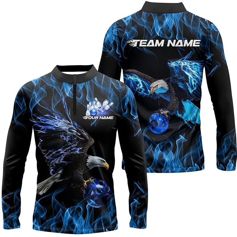 Blue Flame Eagle Custom Bowling Team Shirts For Men, Fire Bowling League Shirt Bowler Outfit IPHW7948