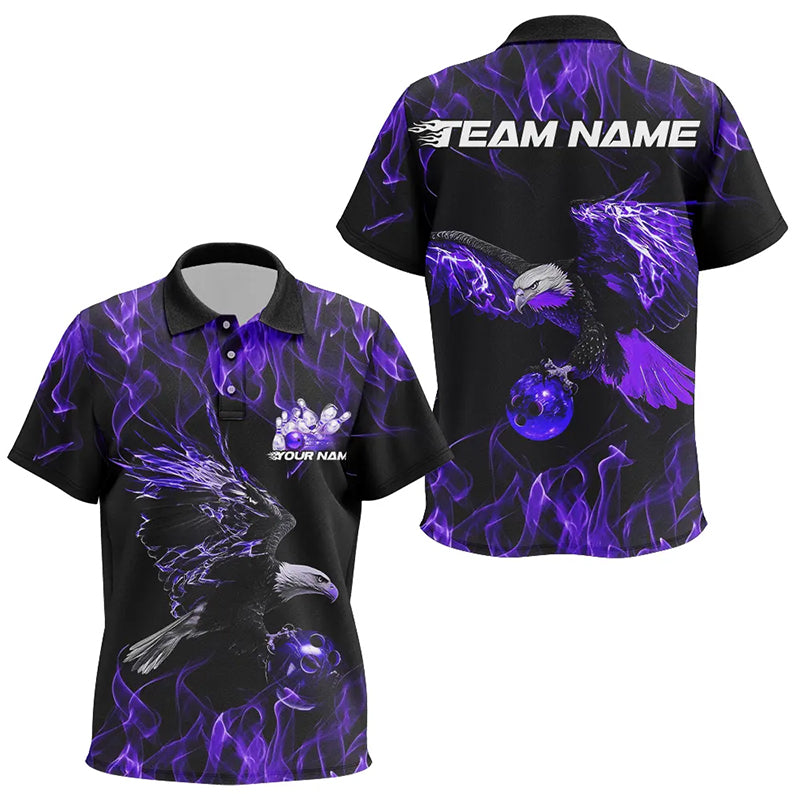Purple Flame Eagle Custom Bowling Team Polo Shirts For Kid, Fire Bowling League Shirt IPHW7950