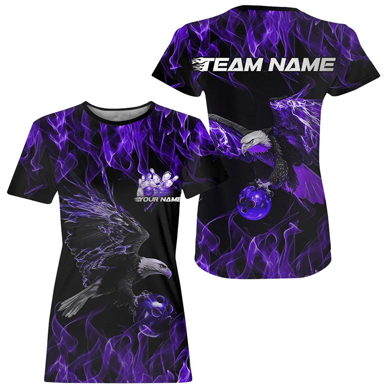 Purple Flame Eagle Custom Bowling Team T-Shirts For Women, Fire Bowling League IPHW7950