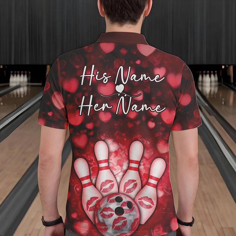 Black And Red Heart Theme Custom Valentines Bowling Polo Shirt For Men, Bowling Couple Outfit IPHW8364