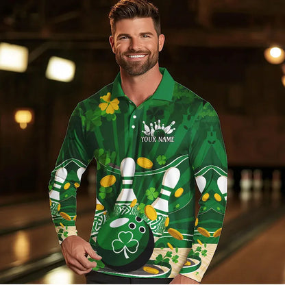 Custom Green St Patrick'S Day Bowling Long Sleeve Polo Shirts For Men, Celtic Team Bowling Outfits IPHW8375
