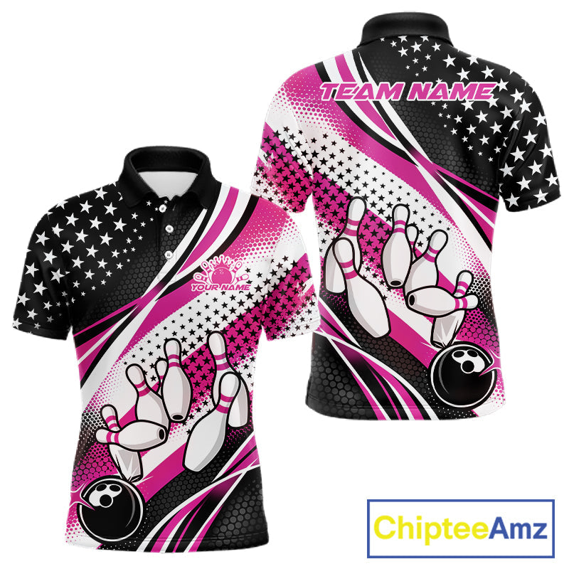 Custom Black And Pink American Flag Patriotic Bowling Shirts, US Flag Bowling League Shirt Bowlers Outfit IPHW10452