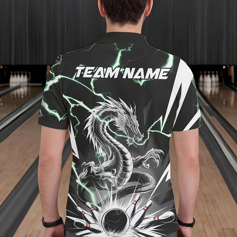 Custom Black And Green Thunder Lightning Dragon Bowling Team Polo Shirts For Men IPHW8555