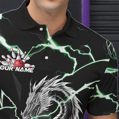Custom Black And Green Thunder Lightning Dragon Bowling Team Polo Shirts For Men IPHW8555