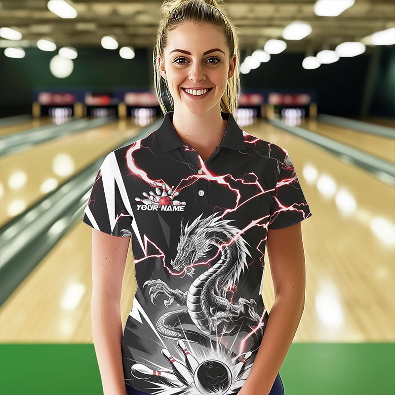Custom Black And Red Thunder Lightning Dragon Bowling Team Polo Shirts For Women IPHW8556